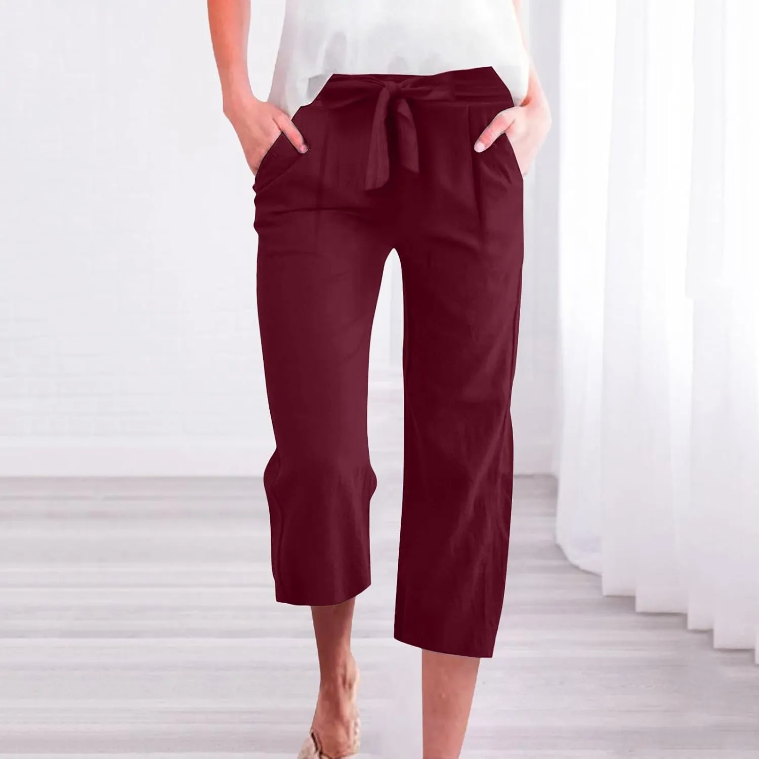 KIKX0DE Womens Summer Fashion Capri Pants Casual Drawstring Elastic High Waist Linen Pant Straight Cropped Trousers
