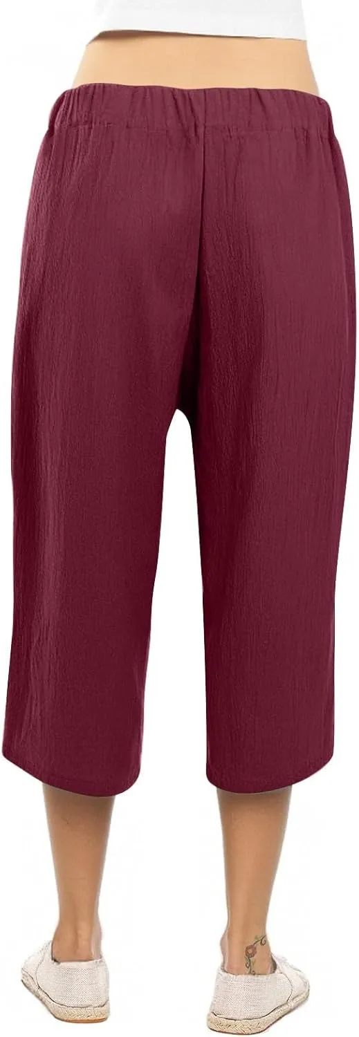 KIKX0DE Womens Summer Fashion Capri Pants Casual Drawstring Elastic High Waist Linen Pant Straight Cropped Trousers