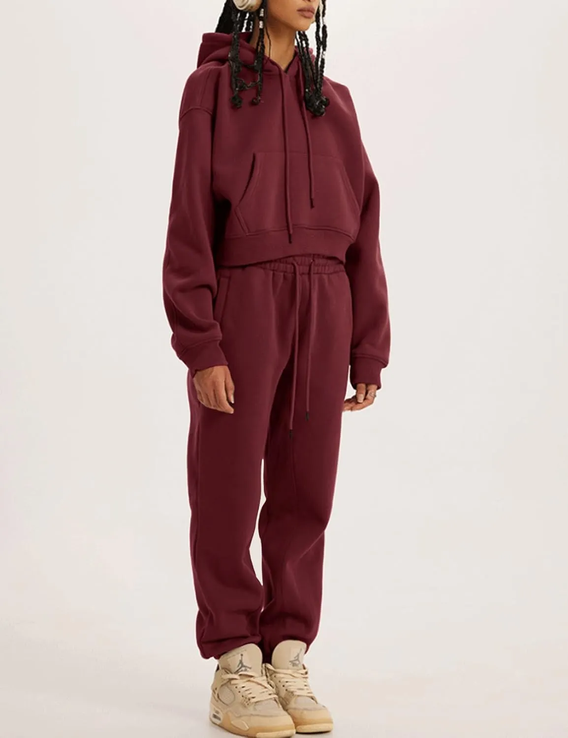Kissonic Women's Fleece Jogger Sets 2 Pieces Sweatsuits Outfits Crop Top Hoodies Jogger Pants