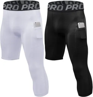 LANDUNSI 2 Pack One Leg Compression Tights for Basketball Mens 3/4 Capri Leggings Athletic Base Layer for Sports Running