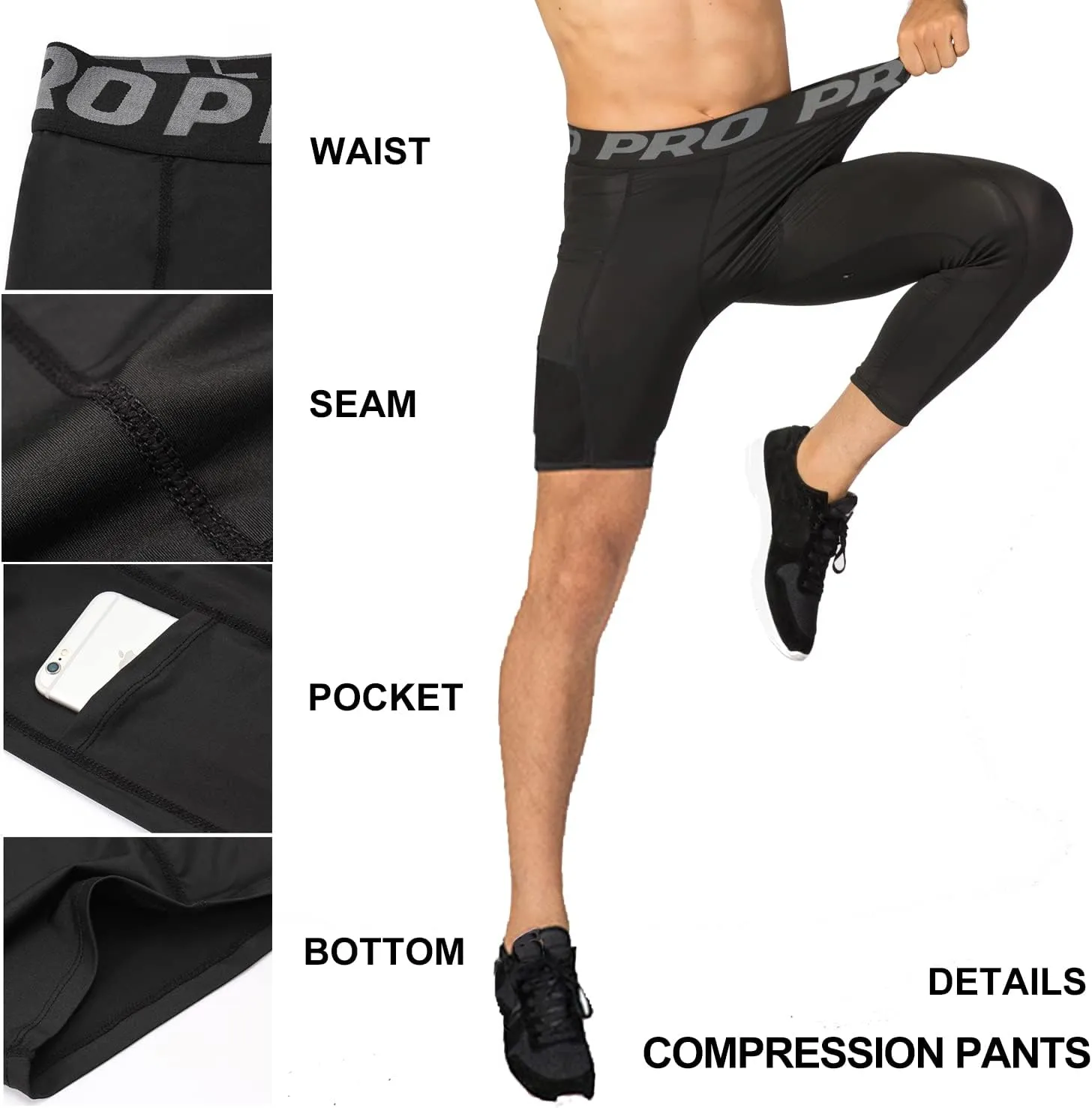 LANDUNSI 2 Pack One Leg Compression Tights for Basketball Mens 3/4 Capri Leggings Athletic Base Layer for Sports Running