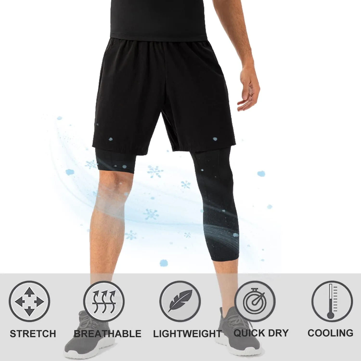 LANDUNSI 2 Pack One Leg Compression Tights for Basketball Mens 3/4 Capri Leggings Athletic Base Layer for Sports Running