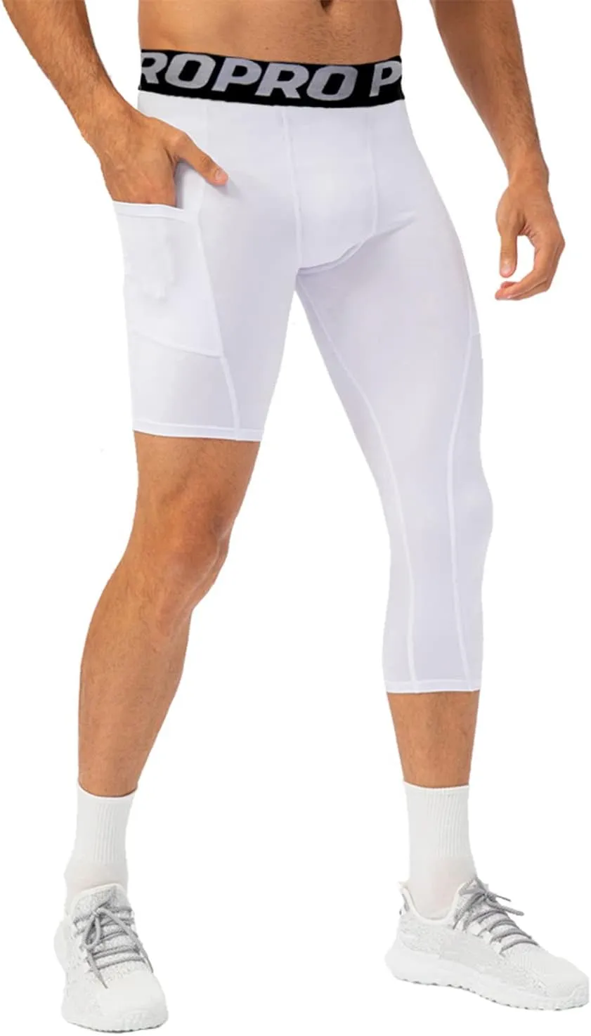 LANDUNSI 2 Pack One Leg Compression Tights for Basketball Mens 3/4 Capri Leggings Athletic Base Layer for Sports Running