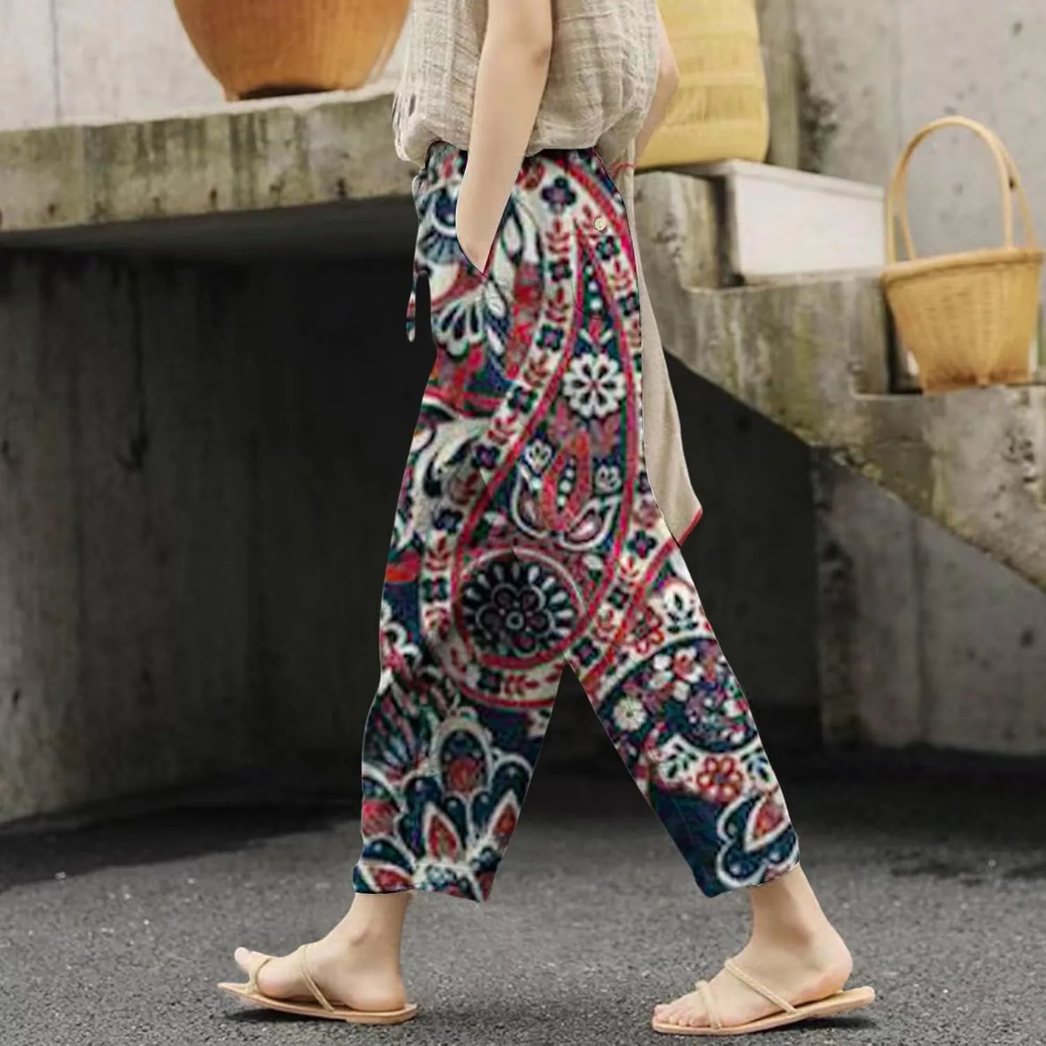 Leggings with Pockets for Women Drawstring Pants Plus Size Trendy Striped Spring Summer Gauze Pants Linen Pants Yoga