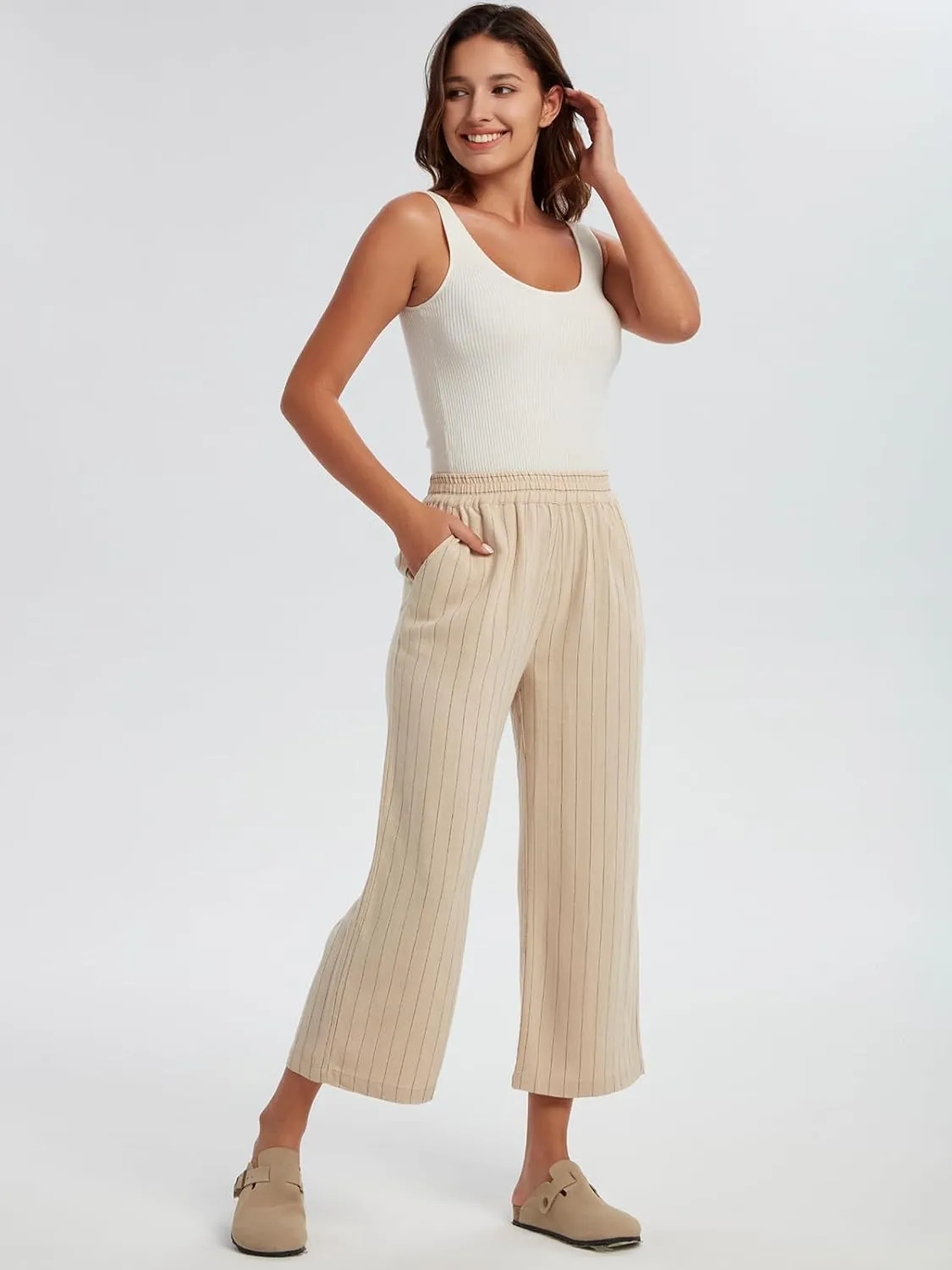 Les umes Womens Linen Cropped Pants Elastic Waist Wide Leg Stripe Casual Loose Plus Size Trousers with Pockets