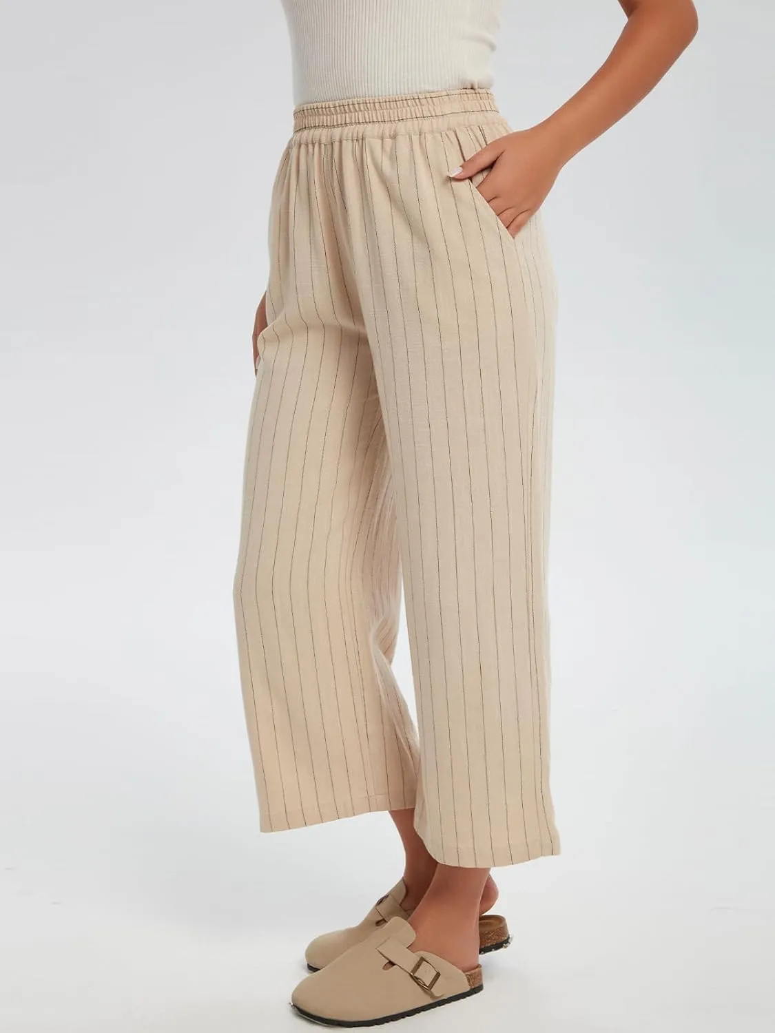Les umes Womens Linen Cropped Pants Elastic Waist Wide Leg Stripe Casual Loose Plus Size Trousers with Pockets