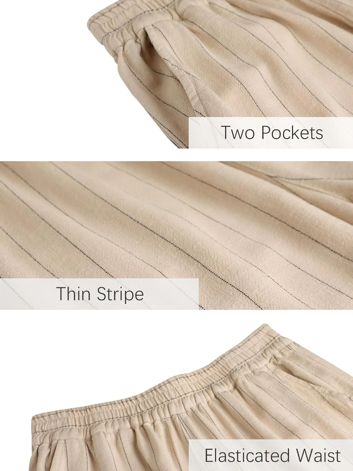 Les umes Womens Linen Cropped Pants Elastic Waist Wide Leg Stripe Casual Loose Plus Size Trousers with Pockets