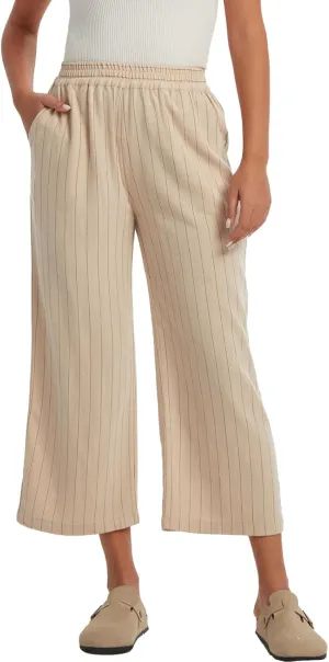Les umes Womens Linen Cropped Pants Elastic Waist Wide Leg Stripe Casual Loose Plus Size Trousers with Pockets