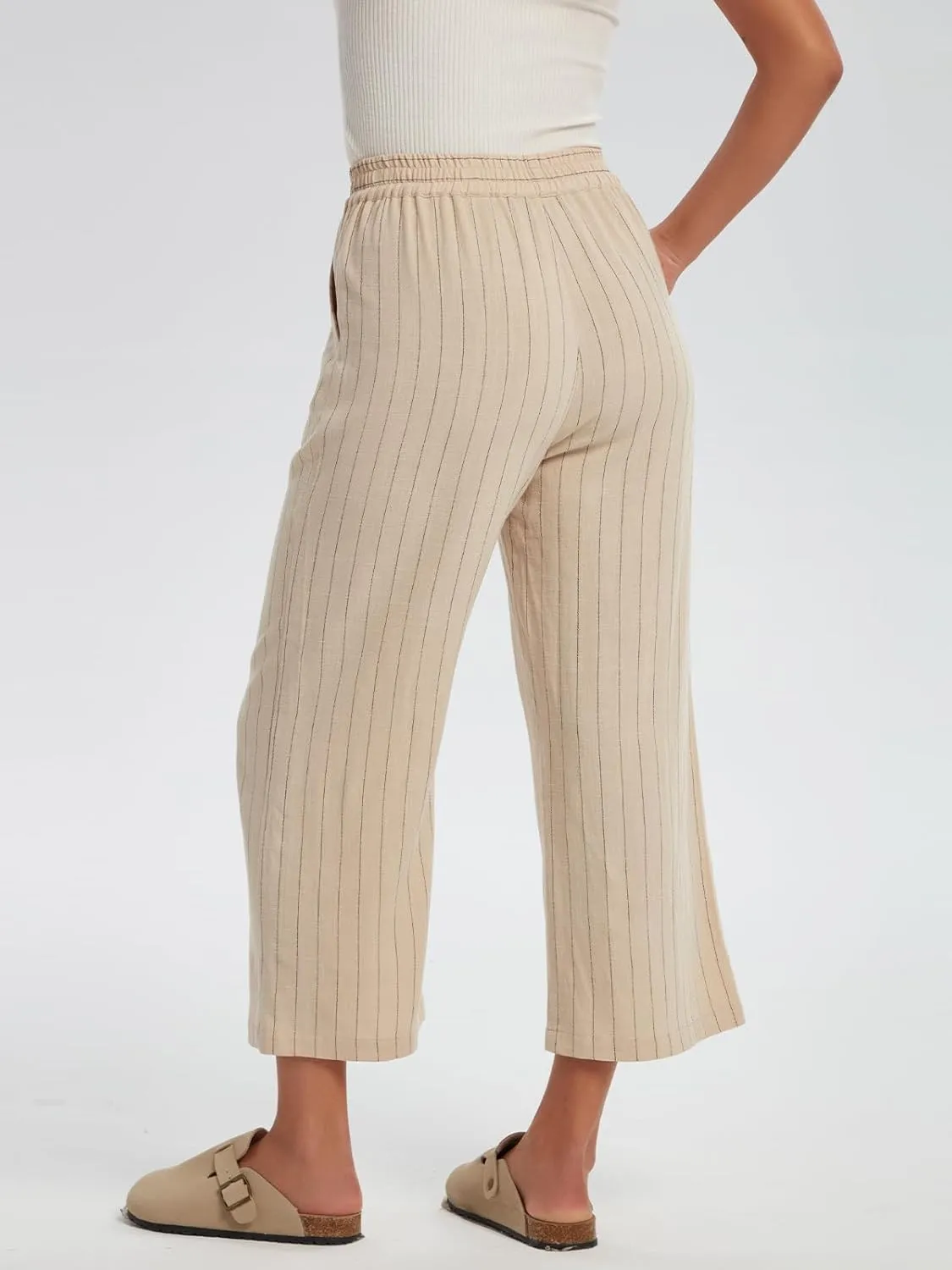 Les umes Womens Linen Cropped Pants Elastic Waist Wide Leg Stripe Casual Loose Plus Size Trousers with Pockets