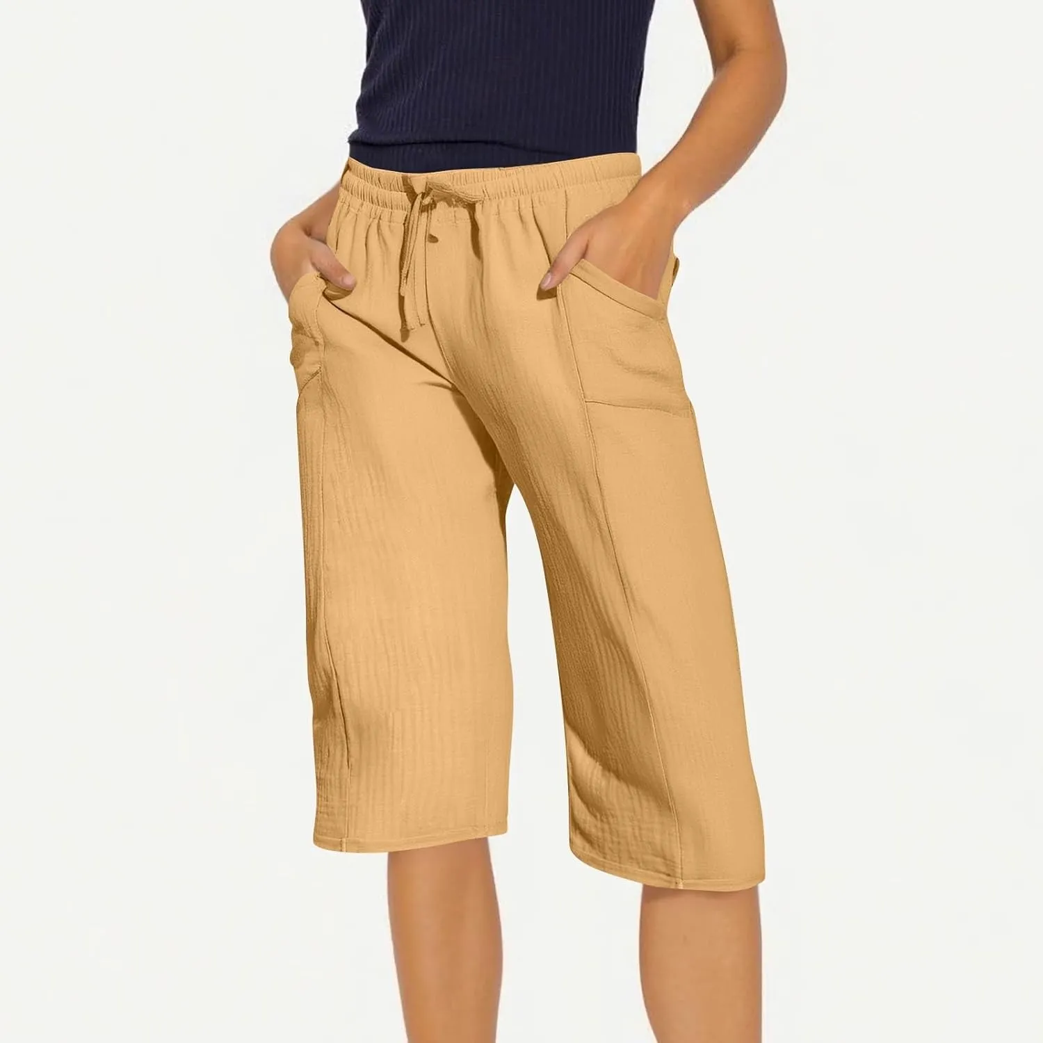 Linen Capri Pants for Women Casual Summer Drawstring Elastic High Waist Cropped Trousers Lightweight Beach Pants