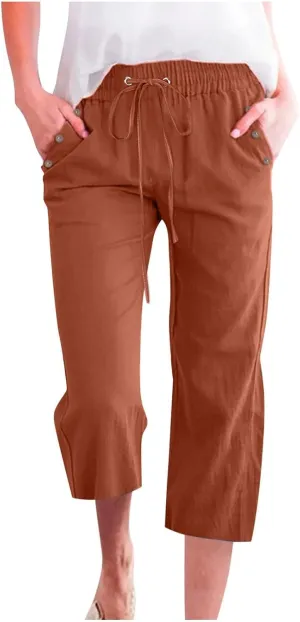Linen Capri Pants for Women Cotton Casual Summer Capris Drawstring High Waist Pants Wide Leg Cropped Trousers