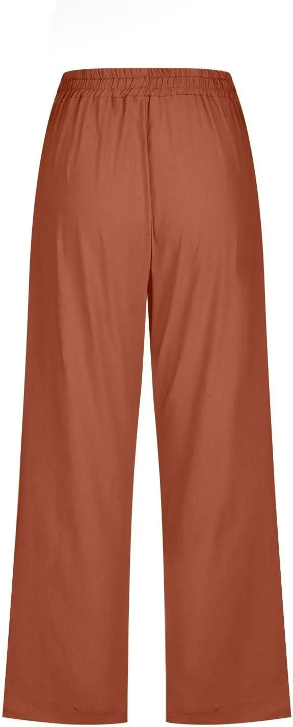 Linen Capri Pants for Women Cotton Casual Summer Capris Drawstring High Waist Pants Wide Leg Cropped Trousers
