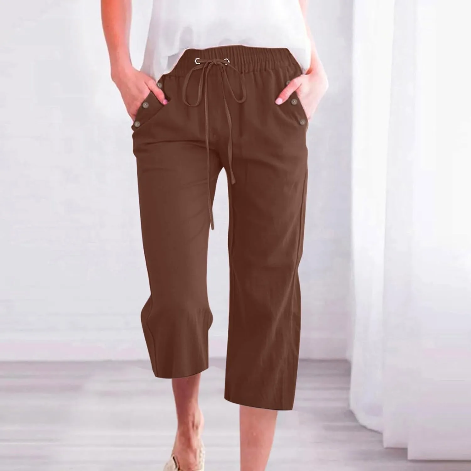 Linen Capri Pants for Women Cotton Casual Summer Capris Drawstring High Waist Pants Wide Leg Cropped Trousers