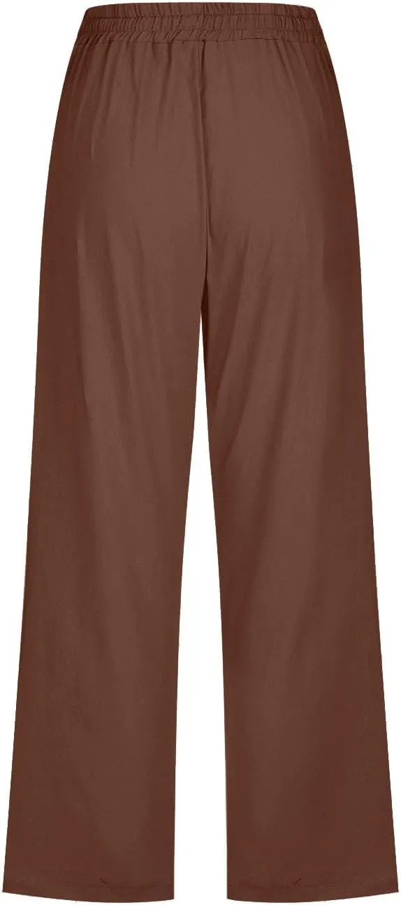 Linen Capri Pants for Women Cotton Casual Summer Capris Drawstring High Waist Pants Wide Leg Cropped Trousers