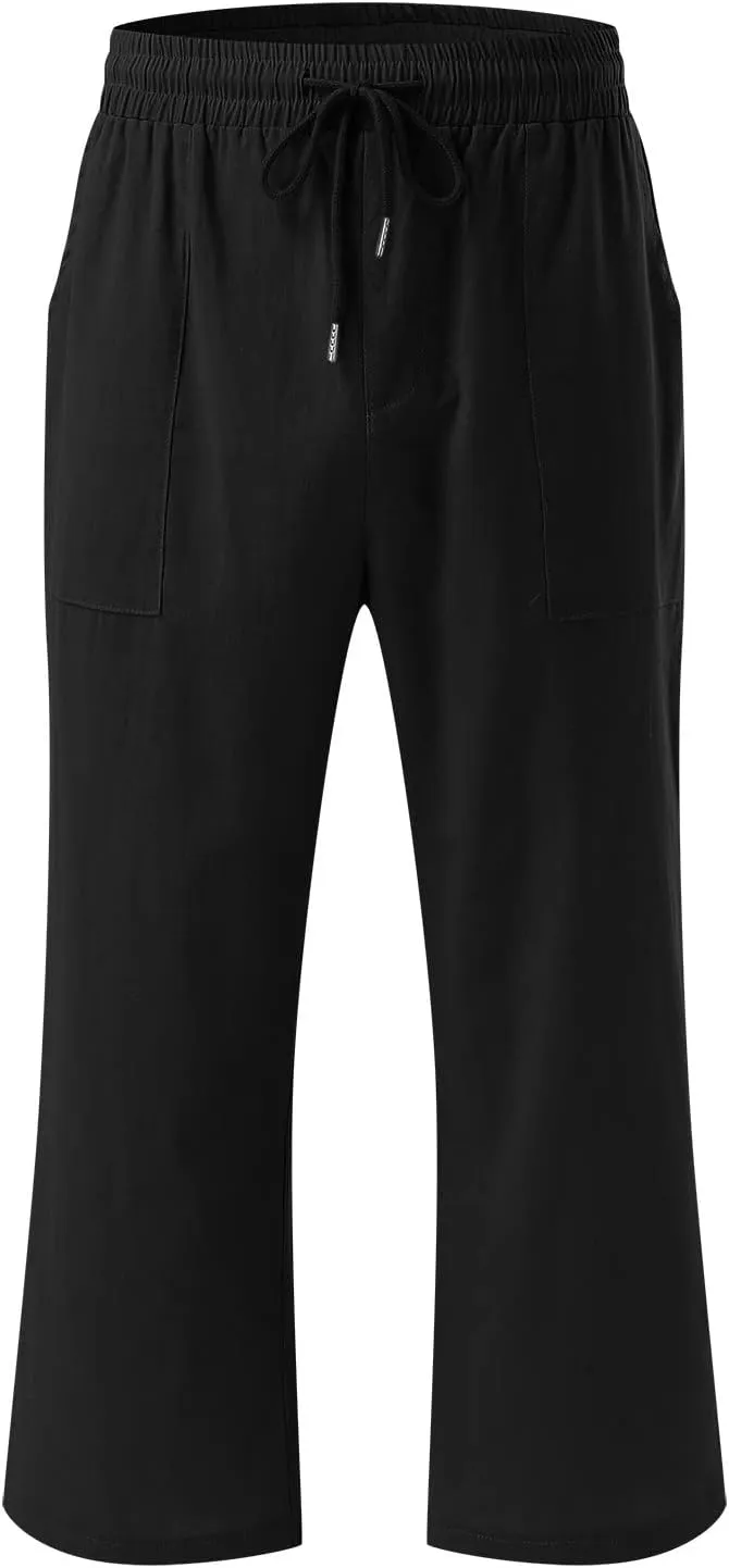 Linen Capri Pants for Women Cotton Casual Summer Capris Drawstring High Waist Pants Wide Leg Cropped Trousers
