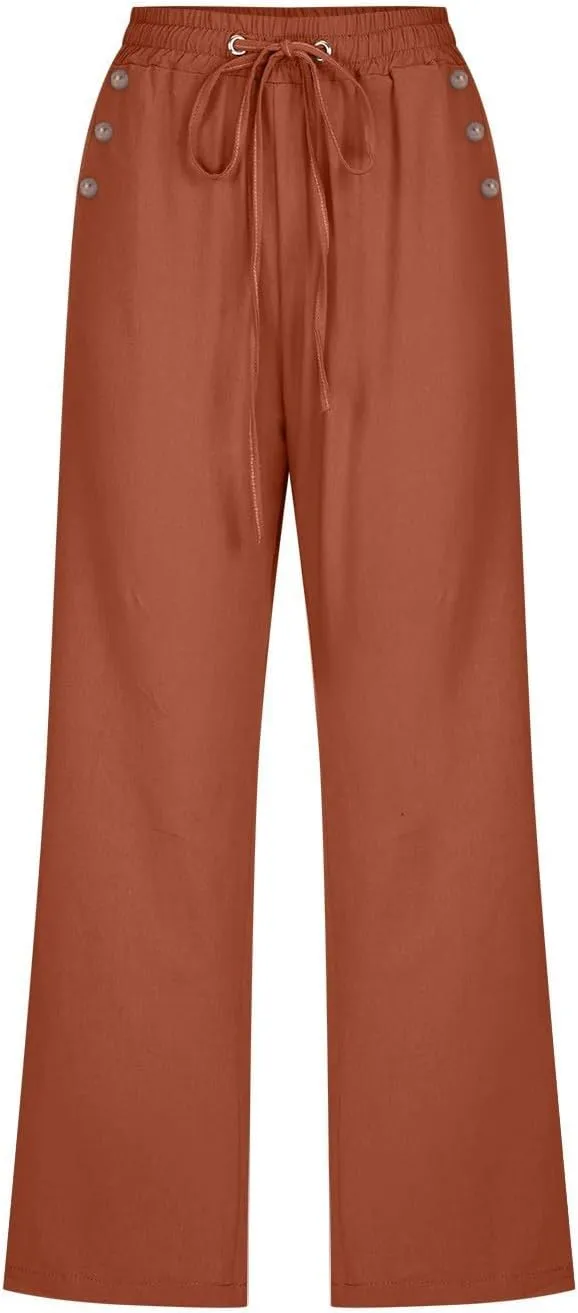 Linen Capri Pants for Women Cotton Casual Summer Capris Drawstring High Waist Pants Wide Leg Cropped Trousers