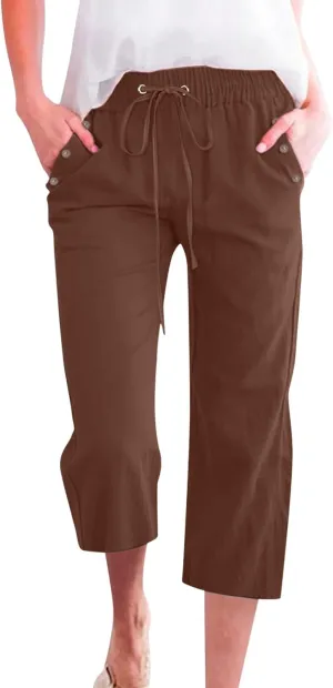 Linen Capri Pants for Women Cotton Casual Summer Capris Drawstring High Waist Pants Wide Leg Cropped Trousers