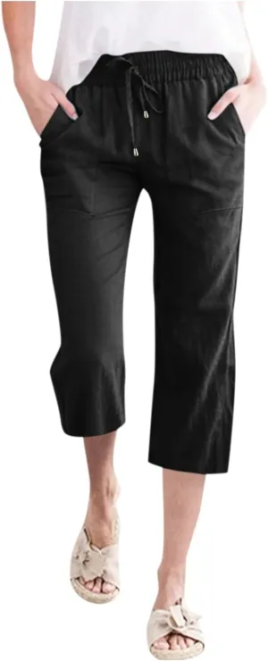 Linen Capri Pants for Women Cotton Casual Summer Capris Drawstring High Waist Pants Wide Leg Cropped Trousers