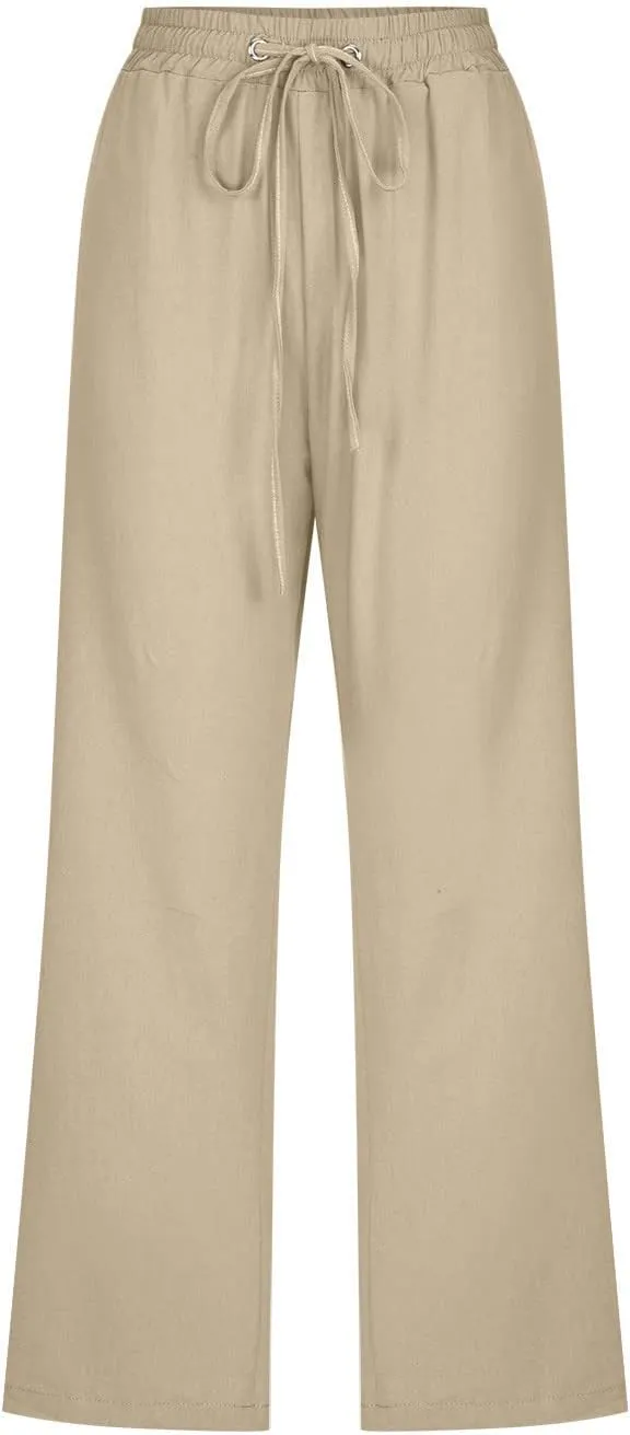 Linen Capri Pants for Women Cotton Casual Summer Capris Drawstring High Waist Pants Wide Leg Cropped Trousers