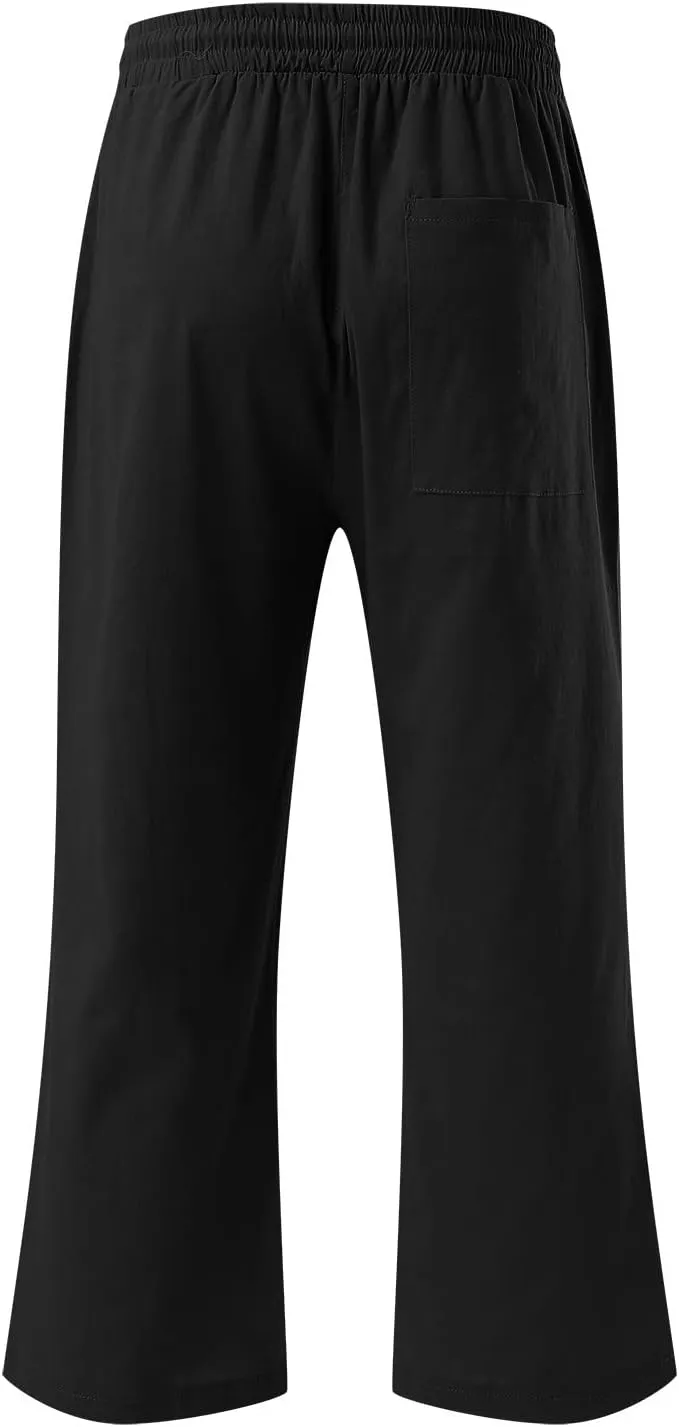 Linen Capri Pants for Women Cotton Casual Summer Capris Drawstring High Waist Pants Wide Leg Cropped Trousers