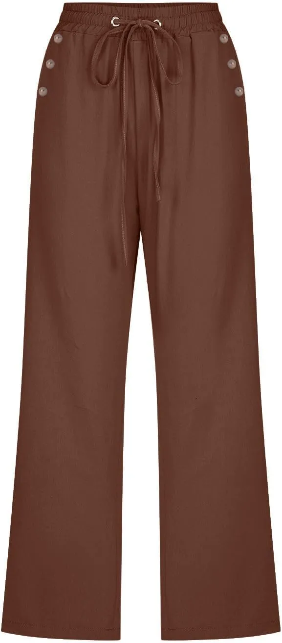 Linen Capri Pants for Women Cotton Casual Summer Capris Drawstring High Waist Pants Wide Leg Cropped Trousers