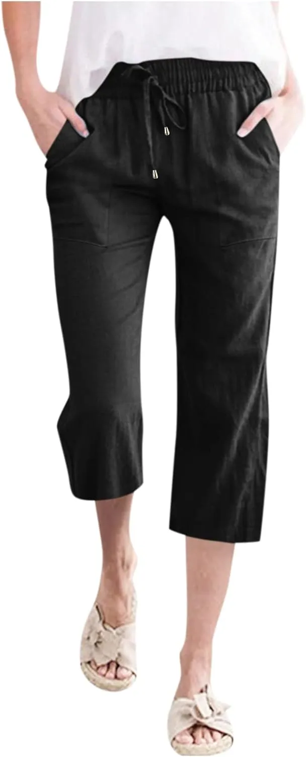 Linen Capri Pants for Women Cotton Casual Summer Capris Drawstring High Waist Pants Wide Leg Cropped Trousers