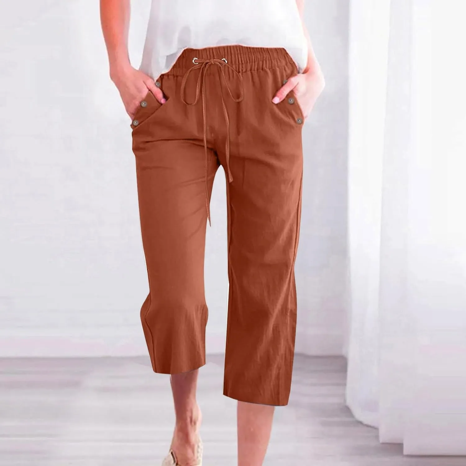 Linen Capri Pants for Women Cotton Casual Summer Capris Drawstring High Waist Pants Wide Leg Cropped Trousers