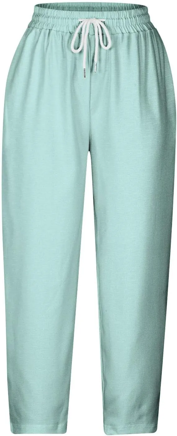 Linen Capri Pants for Women Summer Comfy Wide Leg Pants with Pockets Beach Hight Waist Casual Trousers for Holiday