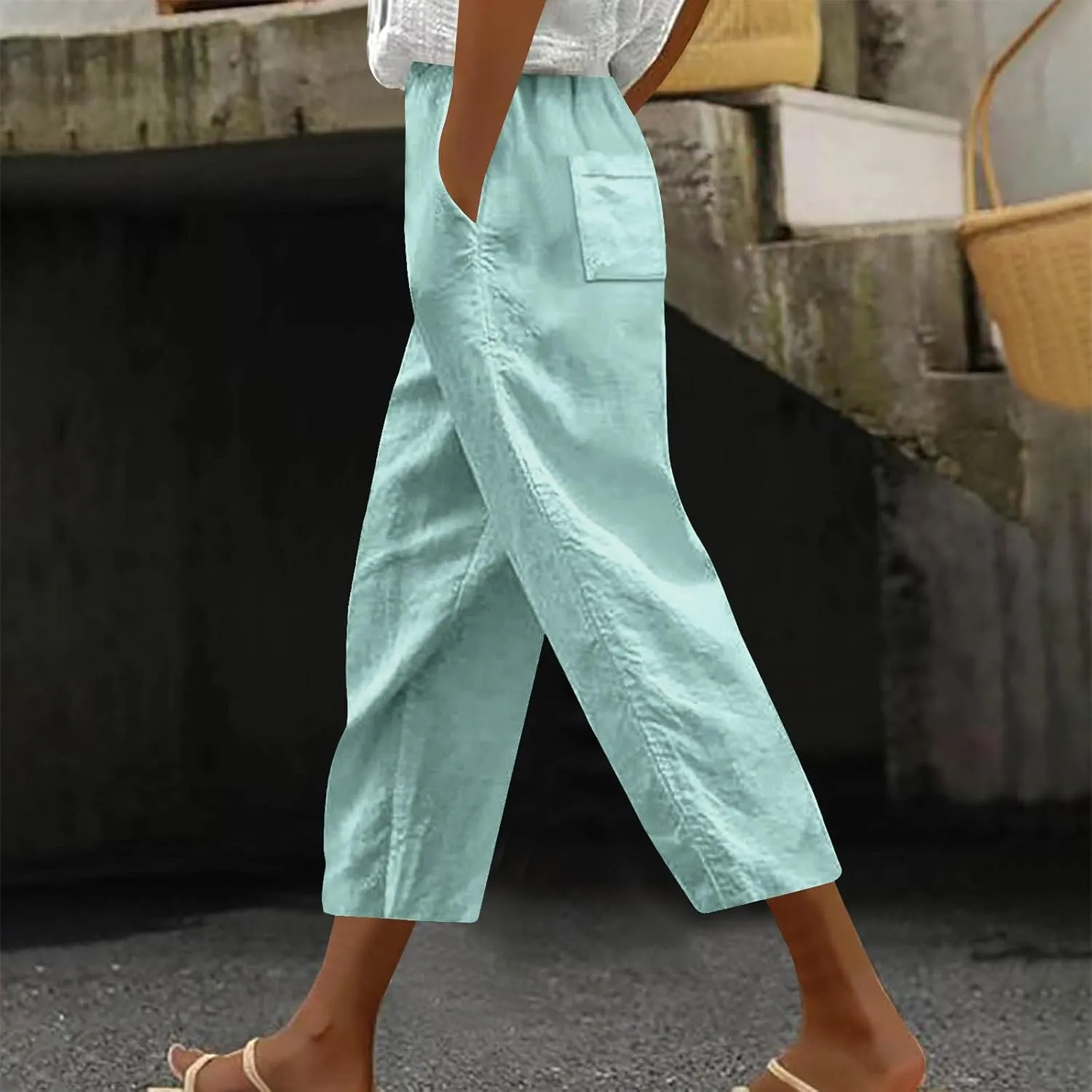 Linen Capri Pants for Women Summer Comfy Wide Leg Pants with Pockets Beach Hight Waist Casual Trousers for Holiday