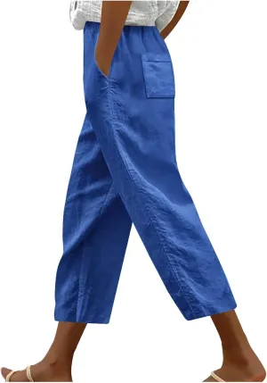 Linen Capri Pants for Women Summer Comfy Wide Leg Pants with Pockets Beach Hight Waist Casual Trousers for Holiday