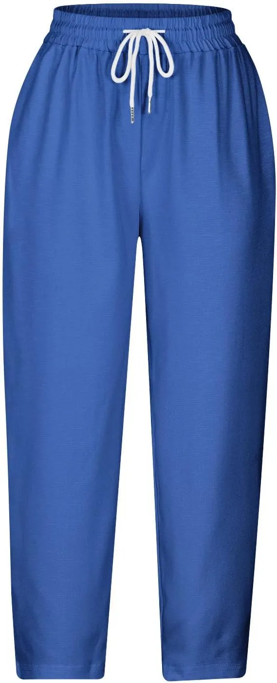 Linen Capri Pants for Women Summer Comfy Wide Leg Pants with Pockets Beach Hight Waist Casual Trousers for Holiday