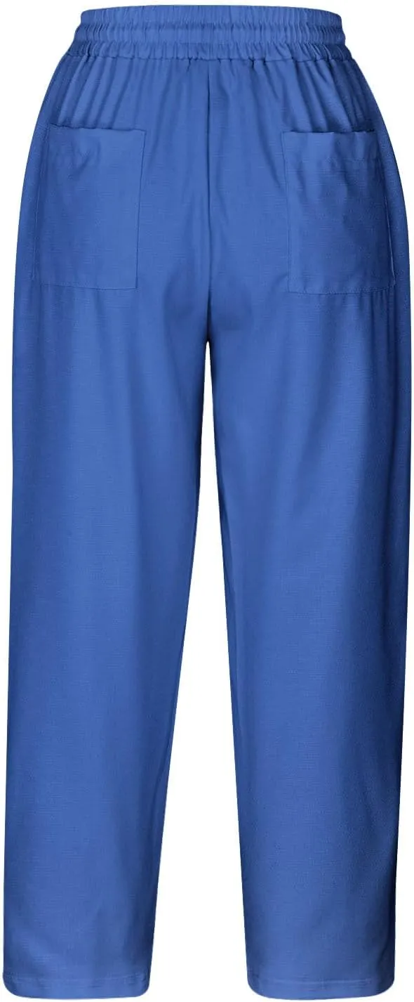Linen Capri Pants for Women Summer Comfy Wide Leg Pants with Pockets Beach Hight Waist Casual Trousers for Holiday