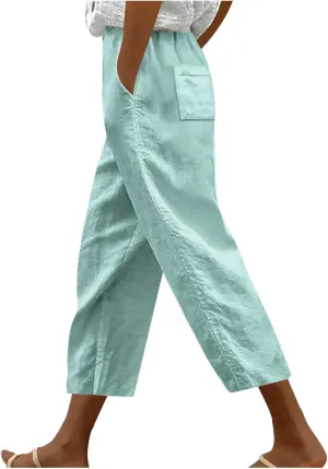 Linen Capri Pants for Women Summer Comfy Wide Leg Pants with Pockets Beach Hight Waist Casual Trousers for Holiday