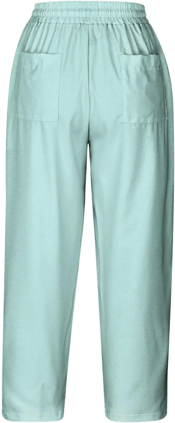 Linen Capri Pants for Women Summer Comfy Wide Leg Pants with Pockets Beach Hight Waist Casual Trousers for Holiday
