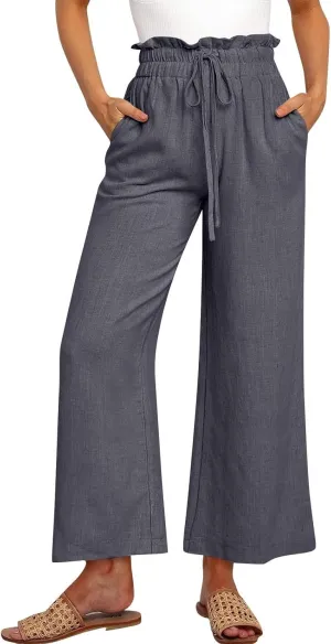 Linen Palazzo Pants for Women Drawstring Paperbag Waist Boho Wide Leg Cropped Pants Summer Beach Pants with Pockets