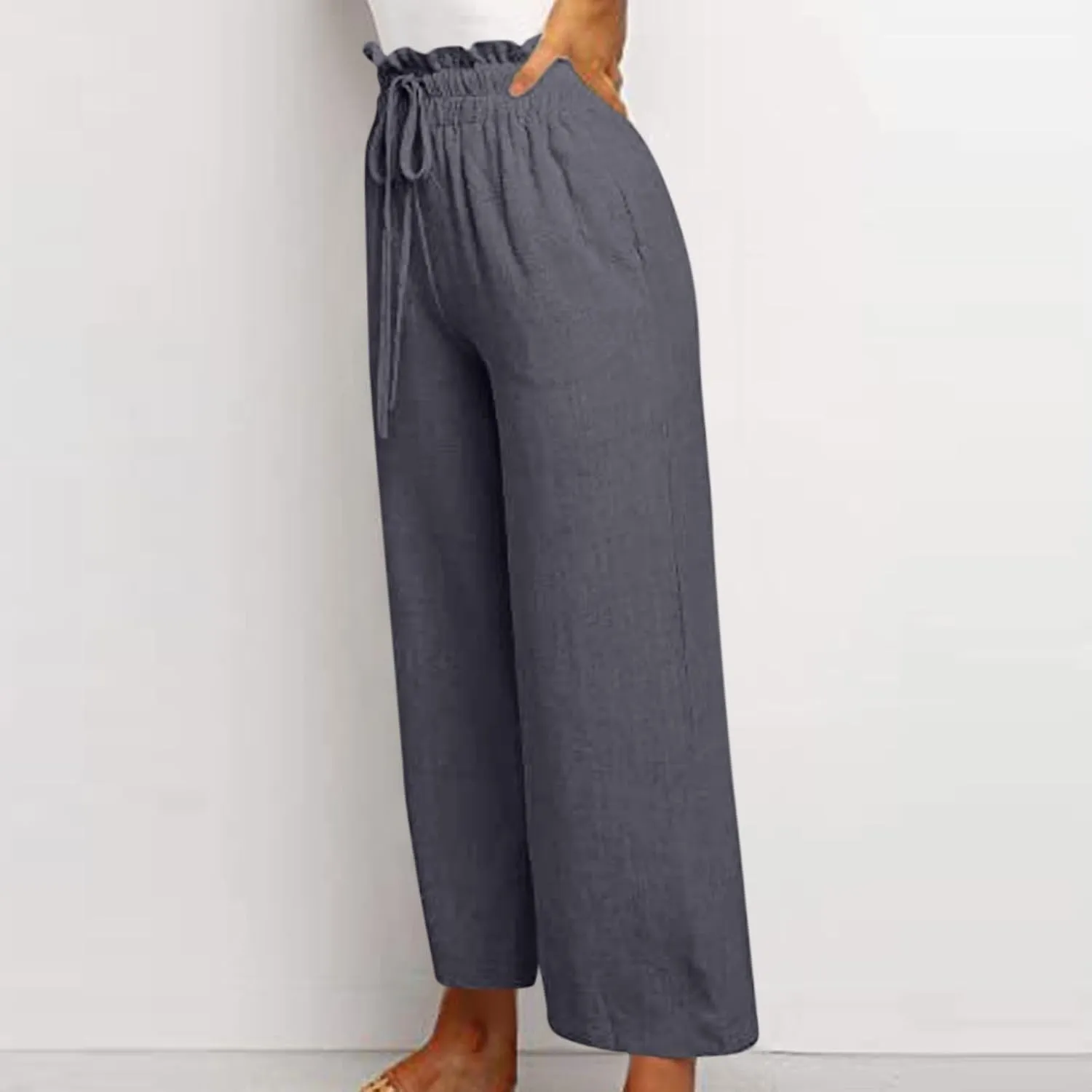 Linen Palazzo Pants for Women Drawstring Paperbag Waist Boho Wide Leg Cropped Pants Summer Beach Pants with Pockets