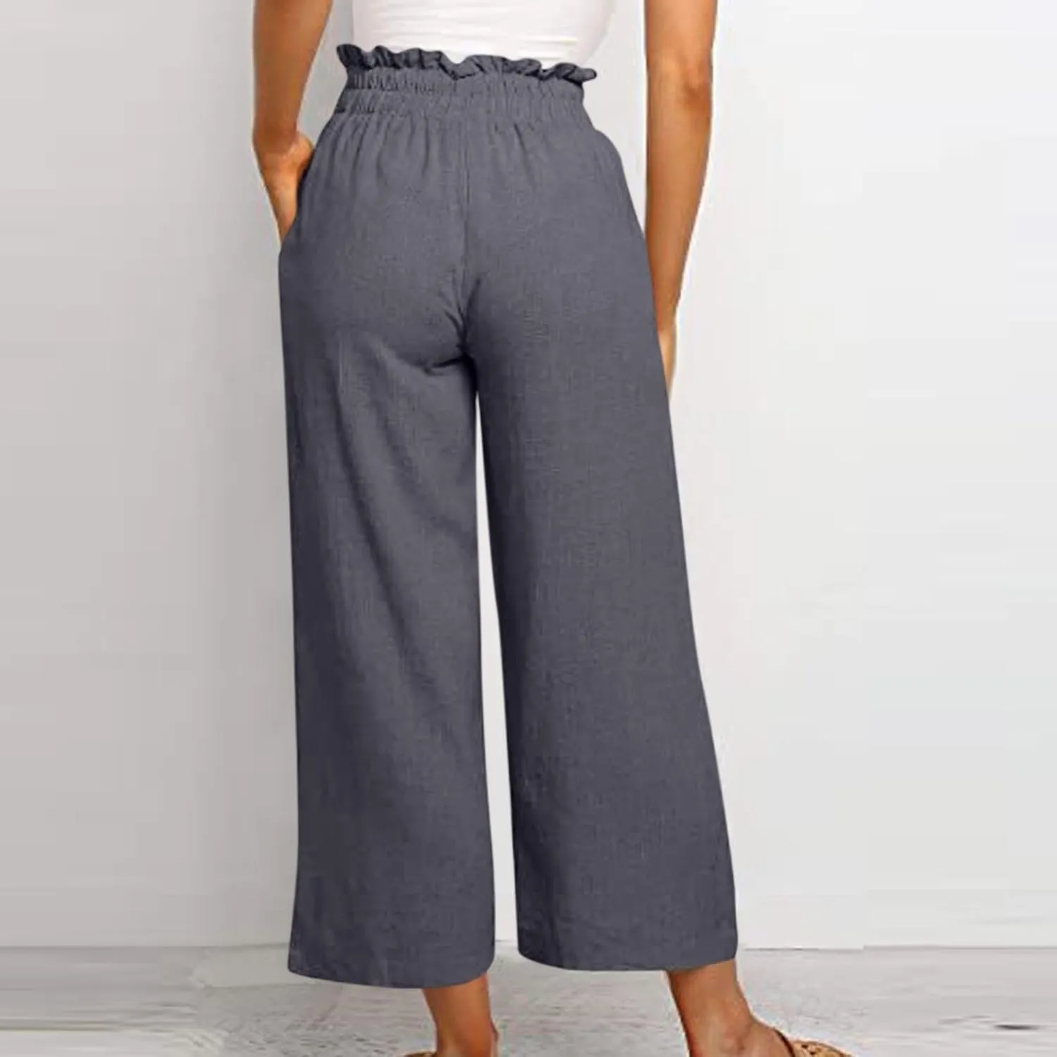 Linen Palazzo Pants for Women Drawstring Paperbag Waist Boho Wide Leg Cropped Pants Summer Beach Pants with Pockets