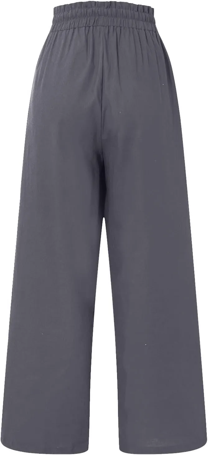 Linen Palazzo Pants for Women Drawstring Paperbag Waist Boho Wide Leg Cropped Pants Summer Beach Pants with Pockets