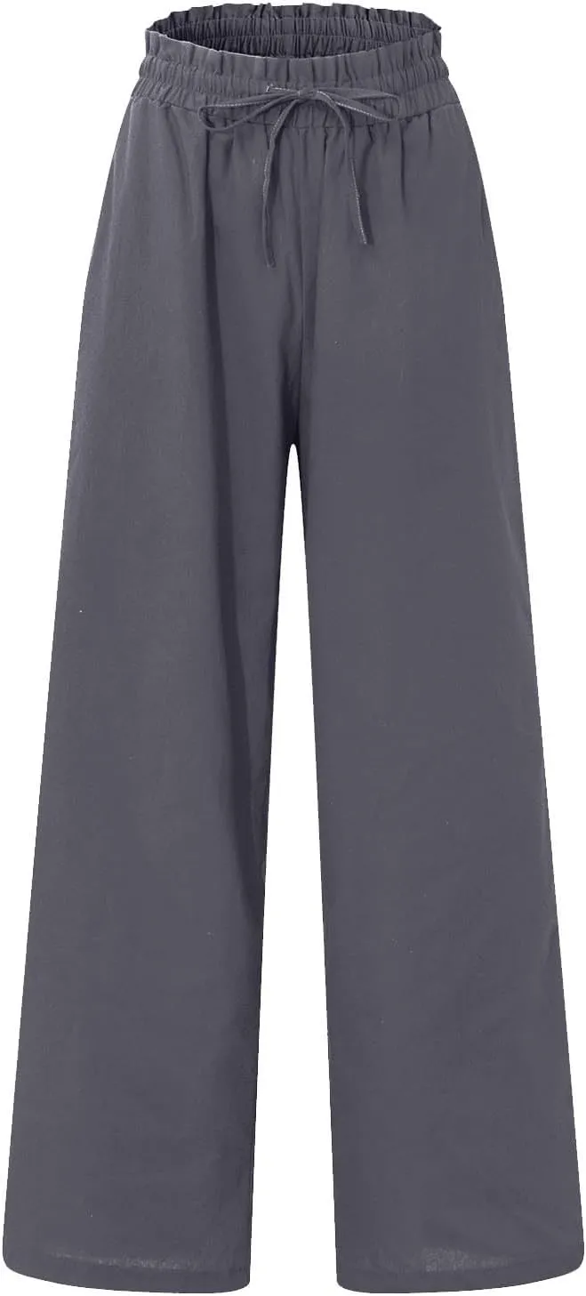 Linen Palazzo Pants for Women Drawstring Paperbag Waist Boho Wide Leg Cropped Pants Summer Beach Pants with Pockets