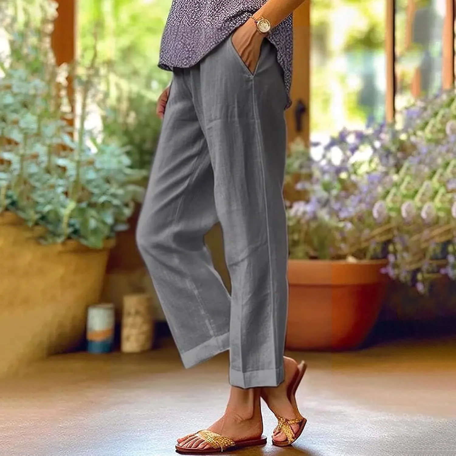 Linen Pants for Women Lightweight High Waist Straight Leg Cropped Pants Casual Summer Crop Pant Trousers with Pockets