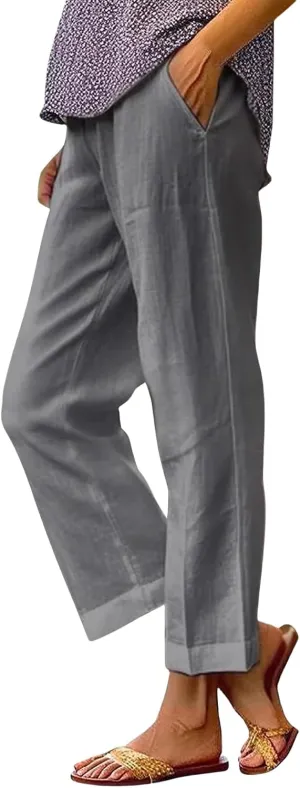Linen Pants for Women Lightweight High Waist Straight Leg Cropped Pants Casual Summer Crop Pant Trousers with Pockets