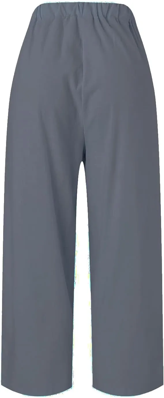 Linen Pants for Women Lightweight High Waist Straight Leg Cropped Pants Casual Summer Crop Pant Trousers with Pockets