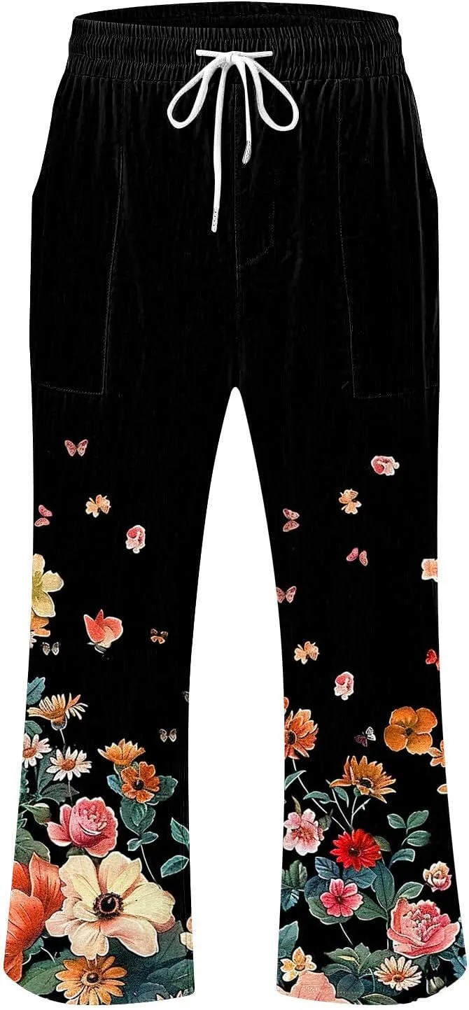 Linen Pants Women Capri Summer High Waisted 3/4 Length Petite Ethnic Print Boho Wide Leg Cotton Linen Cropped Pants