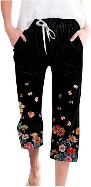 Linen Pants Women Capri Summer High Waisted 3/4 Length Petite Ethnic Print Boho Wide Leg Cotton Linen Cropped Pants