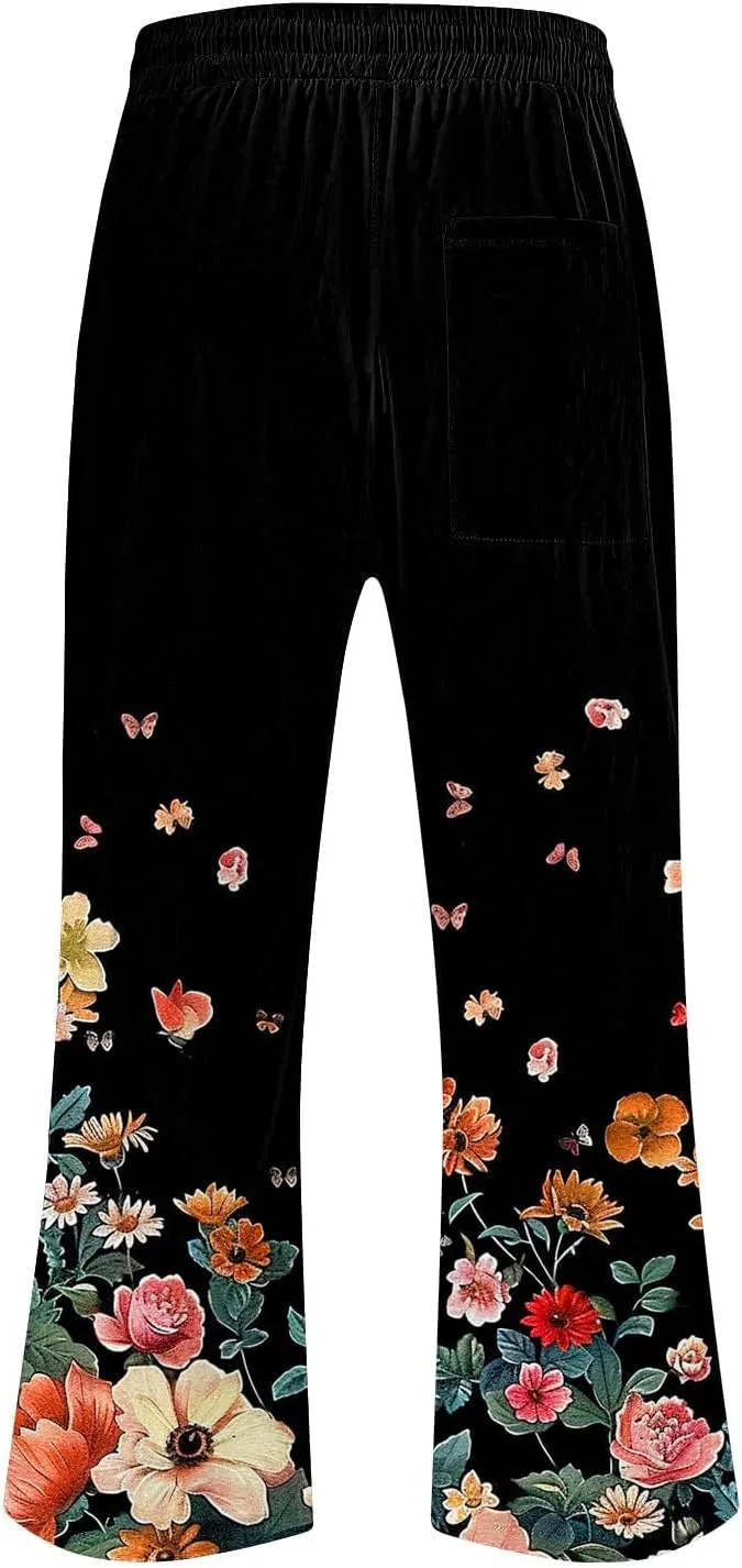 Linen Pants Women Capri Summer High Waisted 3/4 Length Petite Ethnic Print Boho Wide Leg Cotton Linen Cropped Pants
