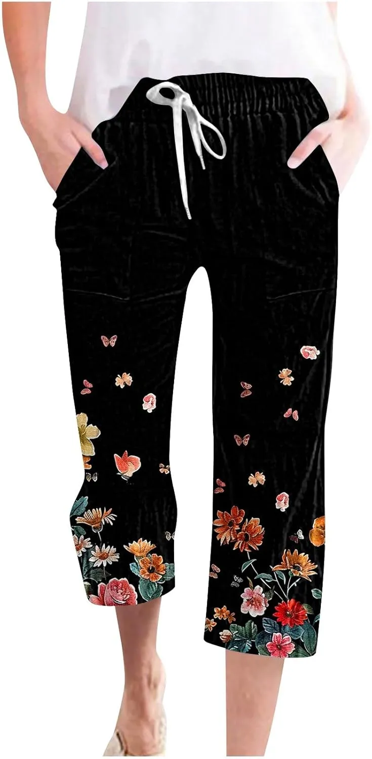 Linen Pants Women Capri Summer High Waisted 3/4 Length Petite Ethnic Print Boho Wide Leg Cotton Linen Cropped Pants