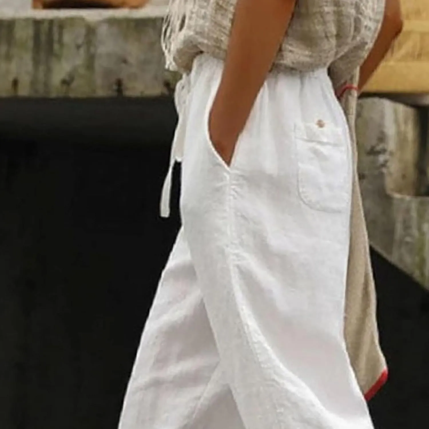 Linen Pants Women Color Cotton Linen Elastic Seven Pants Beach Casual Pants High Waisted Wide Leg Long Lounge Trousers