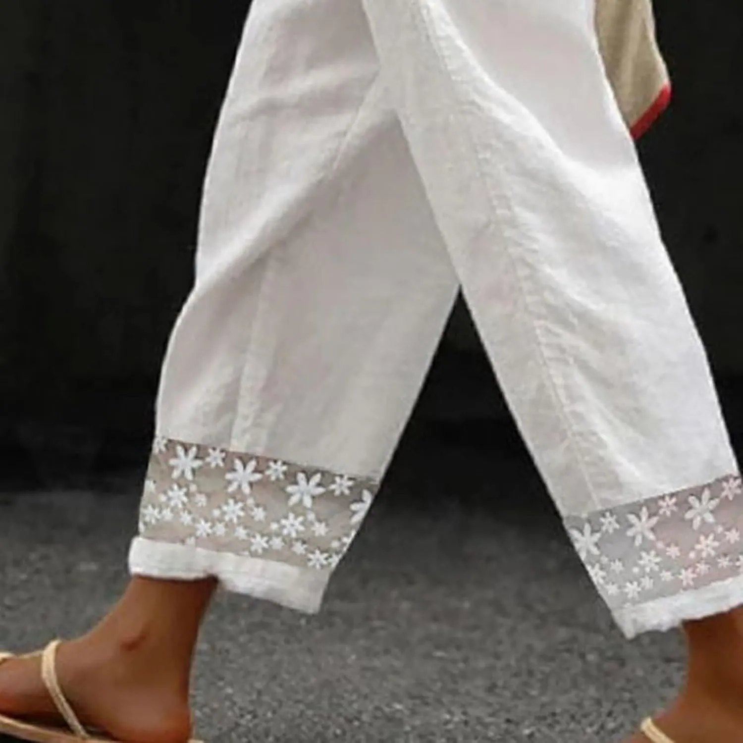 Linen Pants Women Color Cotton Linen Elastic Seven Pants Beach Casual Pants High Waisted Wide Leg Long Lounge Trousers
