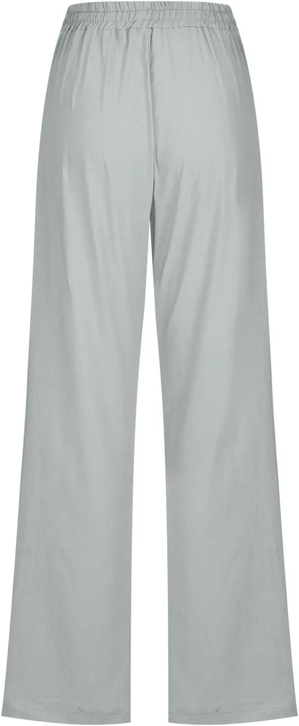 Linen Pants Women Straight Wide Leg Pants High Waisted Casual Summer Pants Lounge Beach Trousers with Pockets
