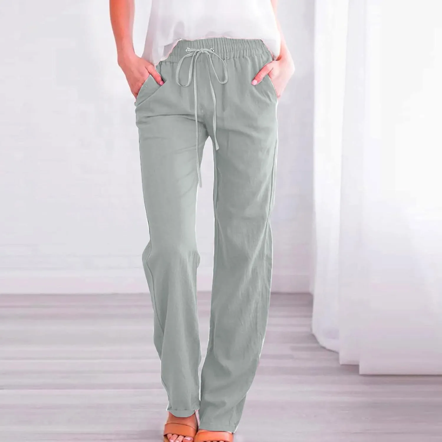 Linen Pants Women Straight Wide Leg Pants High Waisted Casual Summer Pants Lounge Beach Trousers with Pockets